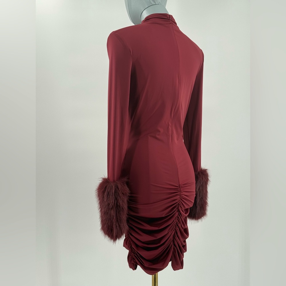 🆕 BRONX & BANCO 🧿 NWOT Eleanor Burgundy Fur Trimmed Mini Dress, Sz L US 8 - Picture 10 of 17